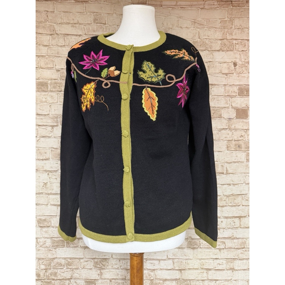 Bobbie Bell Embellished Cardigan Sweater Womens M Black Autumn‎ Leaves